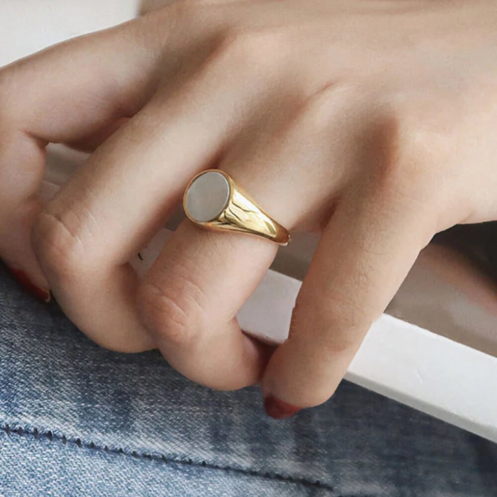 Gold Ring Non Tarnish Mother of Pearl Signet Ring Gold Statement Ring BEAUTIFUL - Picture 11 of 12